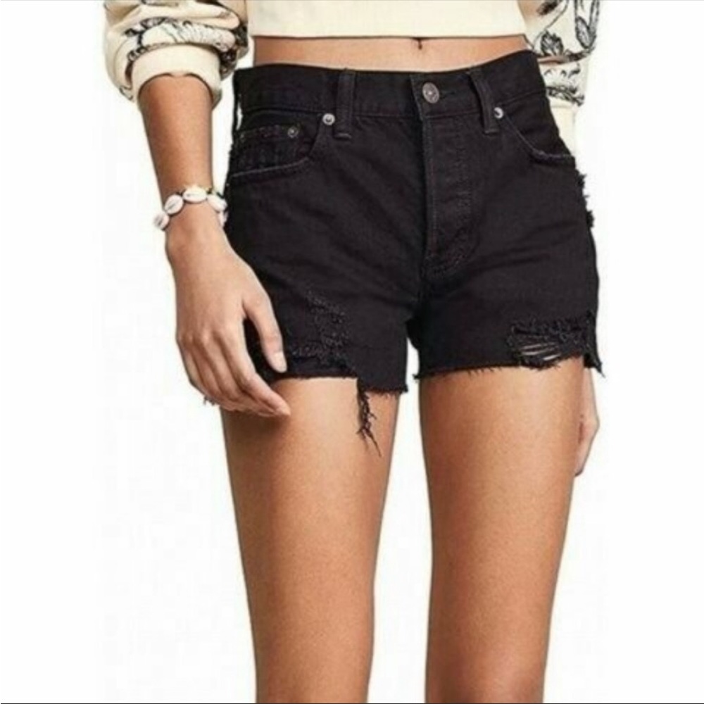 We The Free FP Black Wash Distressed Frayed Button Placket Denim Jean Shorts